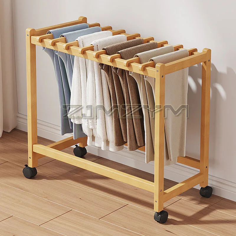 Movable Pants Rack Beech Pants Hanger Multi-Functional Clothes Rack With Rotating Wheels Mobile Hook Shelves For Bedroom Storage