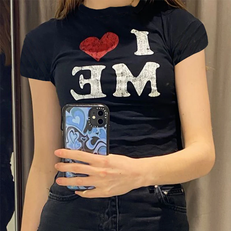I LOVE ME print Haruku T-shirt Women Streetwear short Sleeve Skinny Crop Tops Summer Y2K Clothes Baby Tees EMO Girl667_voghion.com