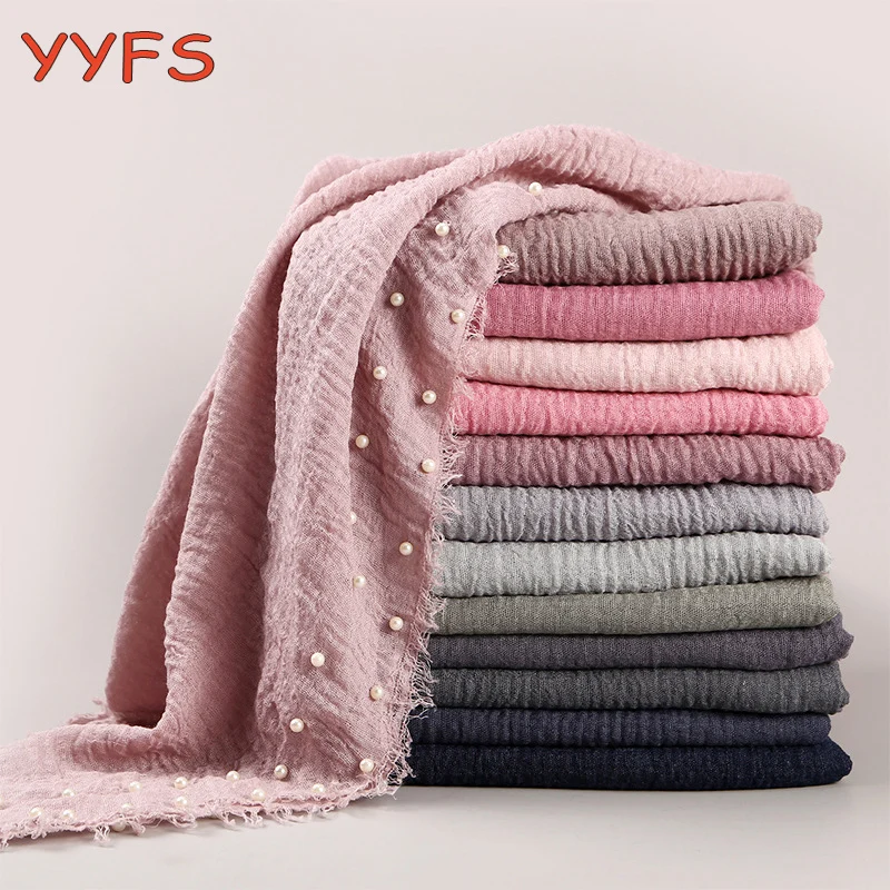 

10pcs/lot Fringe pearl scarf women High Quality Plain Crinkled Bubble Scarf Shawl Muslim Hijab Head Wrap Veil Shawls 95*180CM