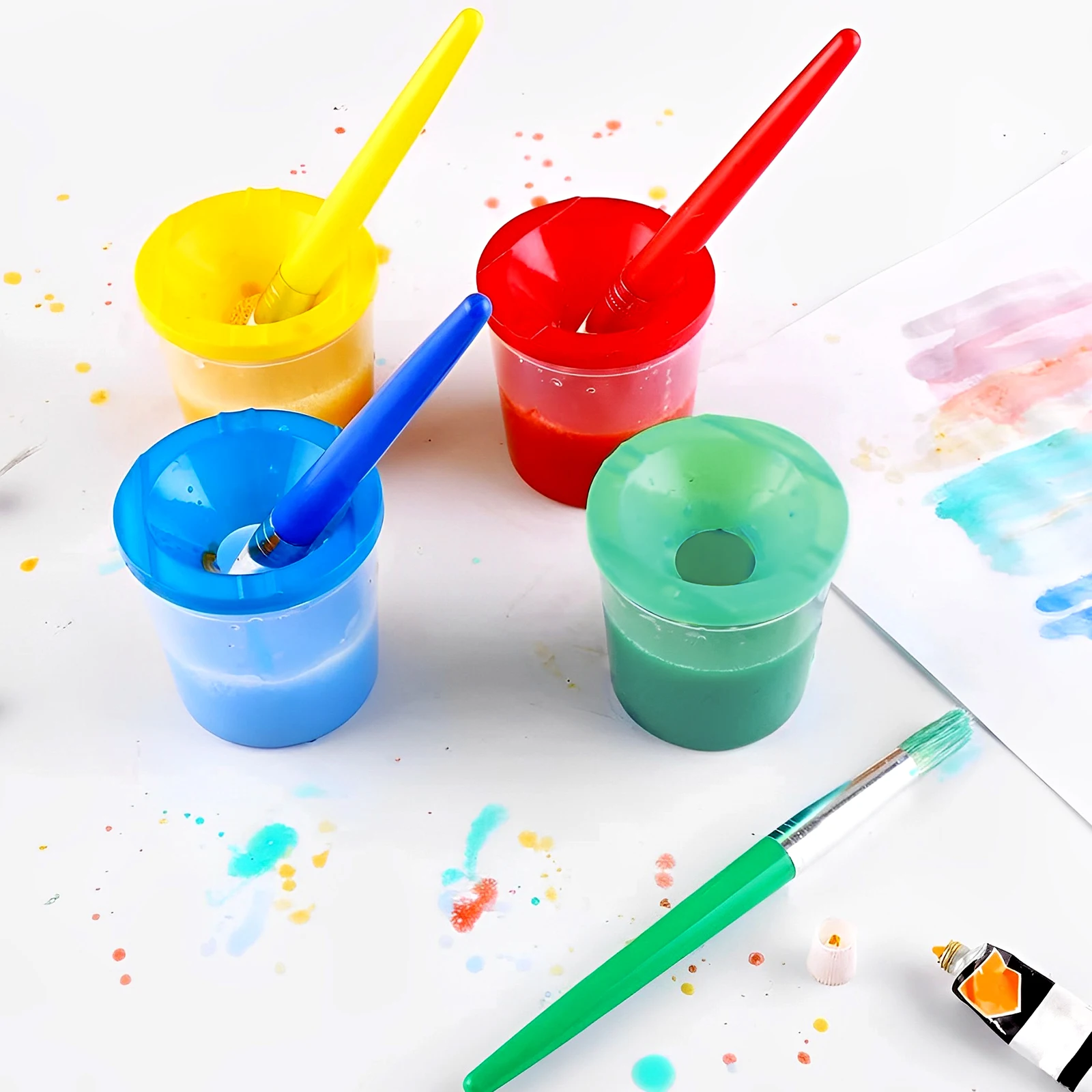 5/10Pcs No Spill Plastic Paint Cups with Colored Lids Large Round Brush Set Reusable Paint Brush Water Cup for Kids