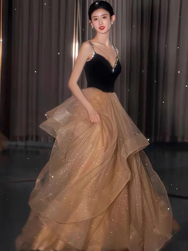 Gold and Black One-Shoulder Long Formal Dress