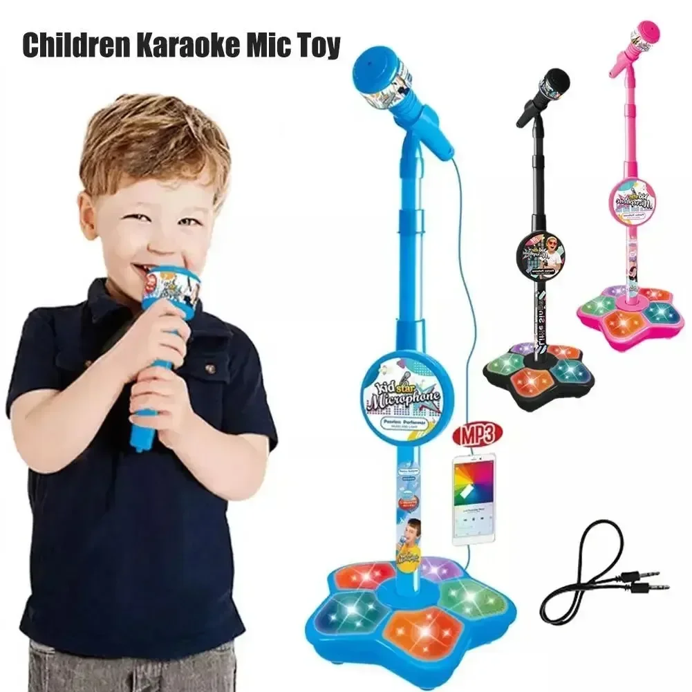 Kids Microphone with Stand Karaoke Song Vertical Mic Music Instrument Toys Brain-Training Educational Toy Birthday Gift Girl Boy