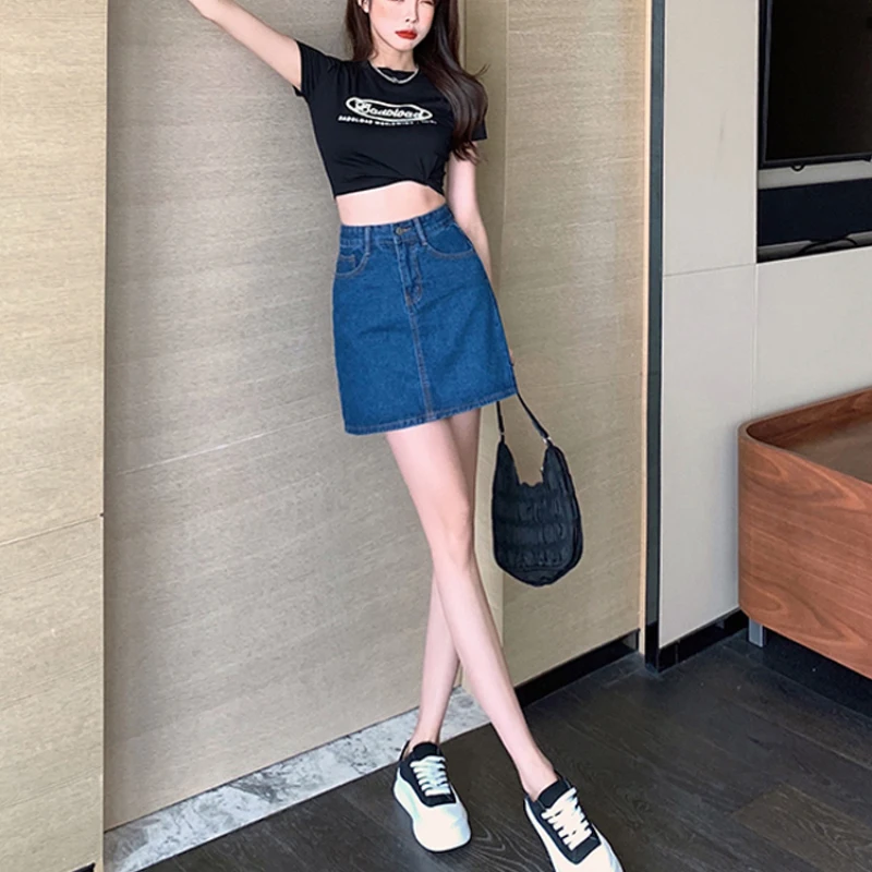 JMPRS High Waist Women Denim Skirt Summer A Line Girls Korean Mini Skirt Casual Black Slim Pocket Solid Simple Jeans Skirt plaid skirt