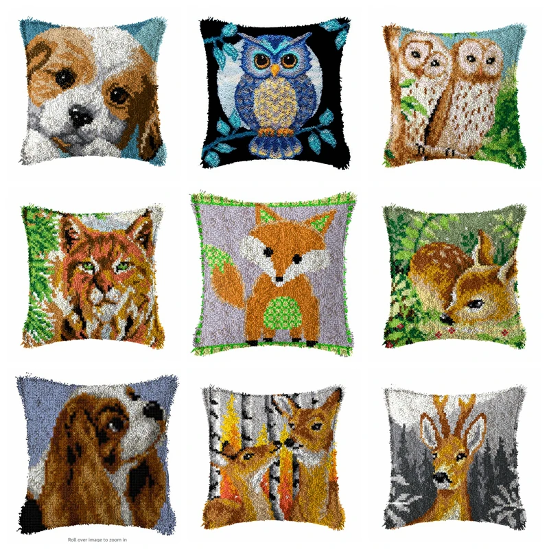 Animal Latch Hook Pillow Hook Hand Knitted Embroidery Carpet Pillow Bear Deer Dog Embroidery Latch Kit Smyrna Package Cross