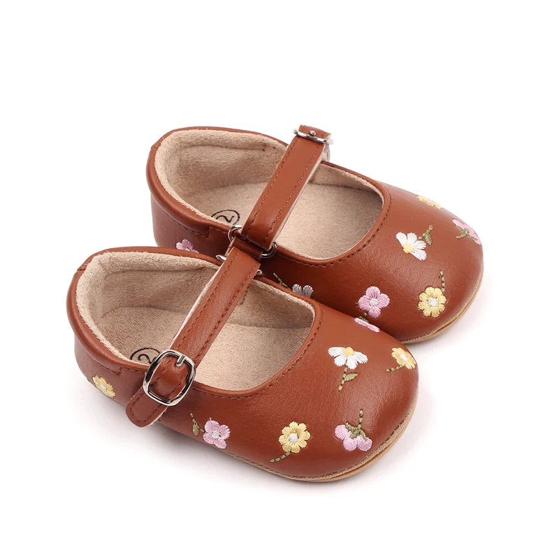 Baby Girl Princess Shoes High Quality Soft PU Embroidery Flower TPR Sole Anti-slip for Toddler Girl 0-12 Months 2023 New Fashion