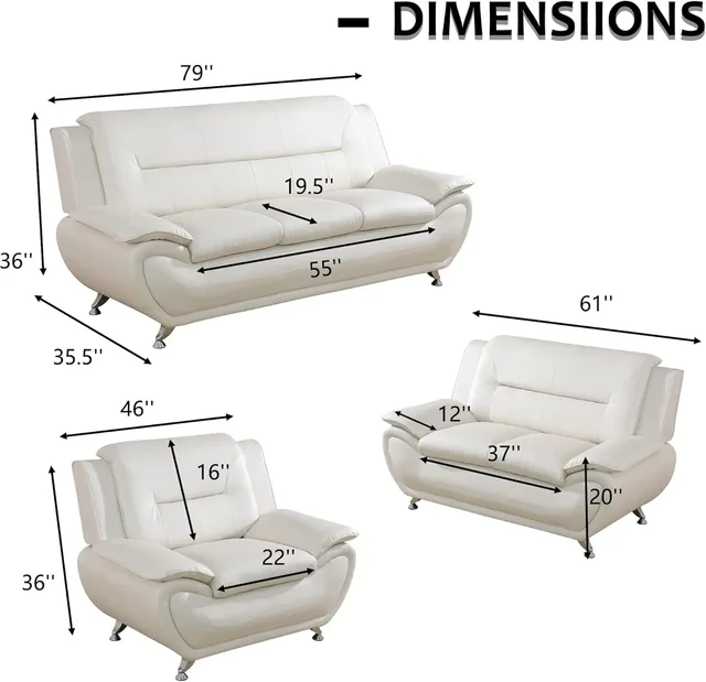 3-Piece Faux Leather Sofa Set – Sofa, Loveseat & Chair 3