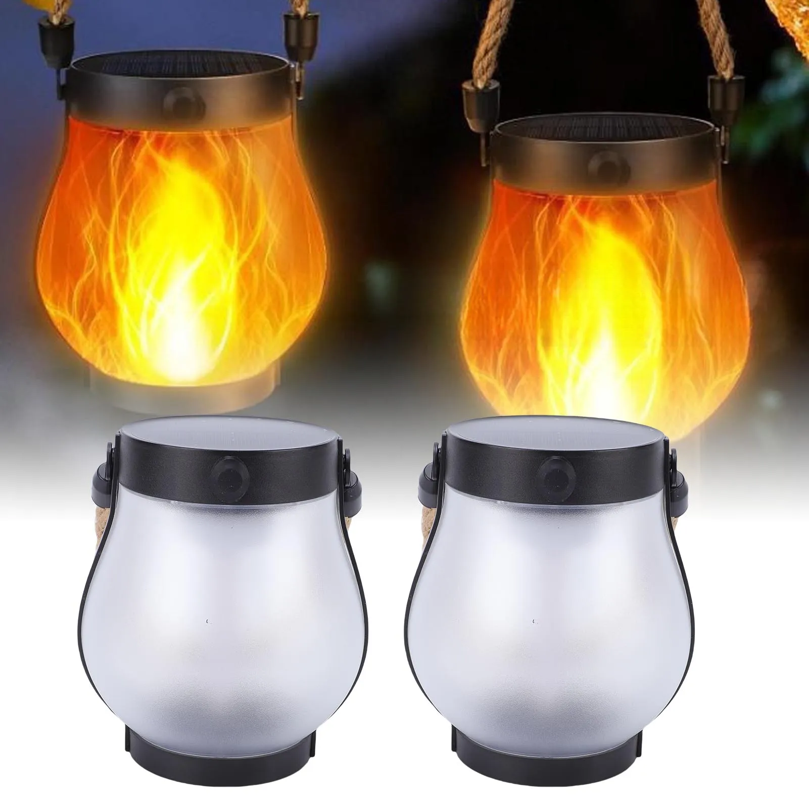 2pcs Solar Lantern Outdoor Lights Solar Powered USB Rechargeable Outdoor Lanterns with Realistic Flickering Fire Hemp Rope Desig