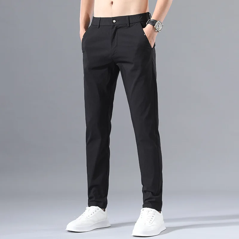 Spring and Autumn Men's Elastic Elastic Button Zipper Straight Solid Color Long Slim Fashion Elegant Casual Commuter Pants