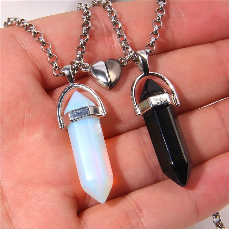 MIFYNN 2pcs Best Friends Crystal Necklace, Bullet Shape Gemstone Hexagonal  Chakra Crystal Pendants Matching Heart Friendship Necklaces Set