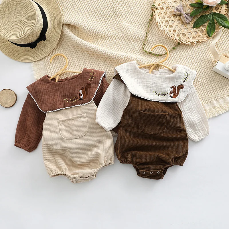 

2023 Two Piece Set Spring Autumn Girls Cotton Overall Shirt Turn-down Collar Embroidery Warm Sweet All-match Fashion Loose