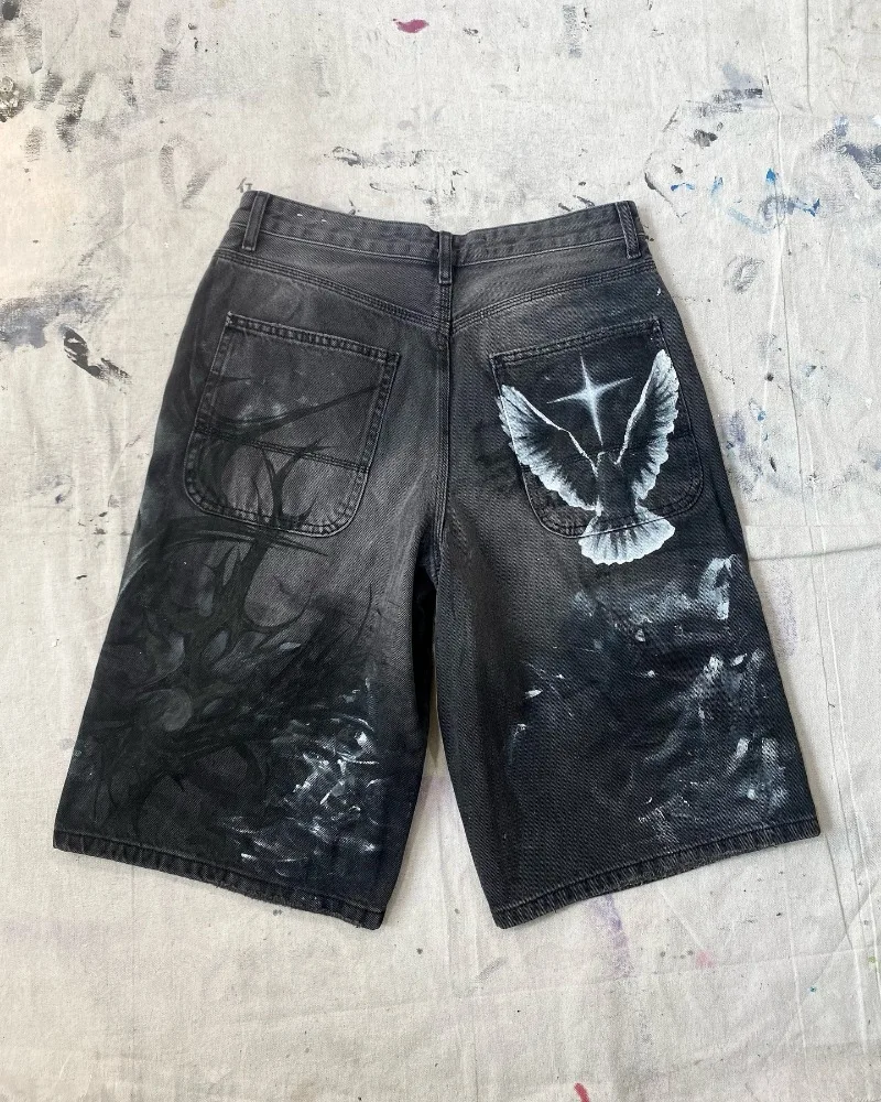 Street Retro New Fashion Oversized Watermark Baggy Denim Shorts Men Y2K Harajuku Hip Hop Popular Casual High Waist Sports Pants