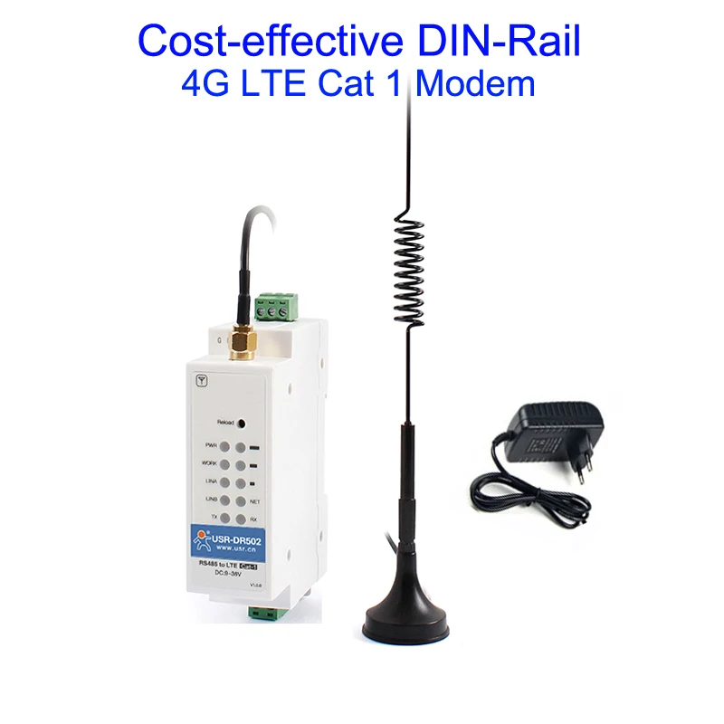 

USR-DR502-E DIN-рейка 4G LTE Cat 1 модем GSM HTTP,MQTT,SMS FTP и FOTA самообновление