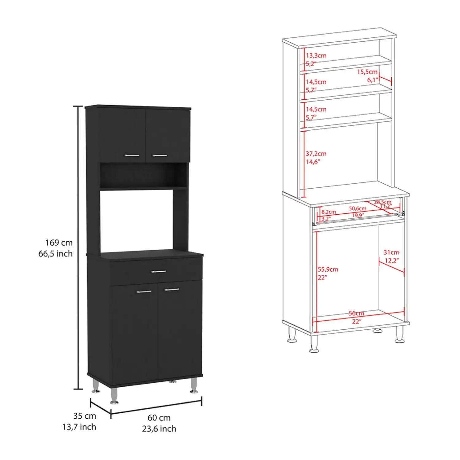 Della 60 Kitchen Pantry with Countertop, Closed & Open Storage Black 2