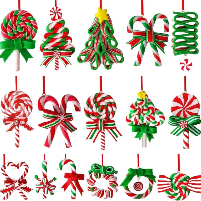 16pcs Christmas Lollipop Ornaments Colorful Wood Candy Cane Hanging Decoration Peppermint Pendants For Xmas Tree
