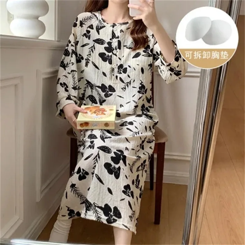 ملابس نوم صيفية طويلة للنساء، ثوب نوم بأكمام سبعة...