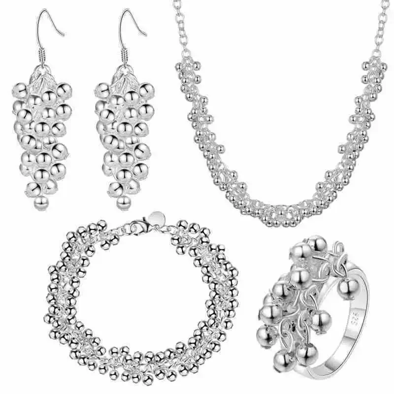 

Classic 925 Sterling Silver Pretty Grape Beads Necklace Earrings Bracelet Rings Jewelry Set for Women Fashion Party Wedding Gift
