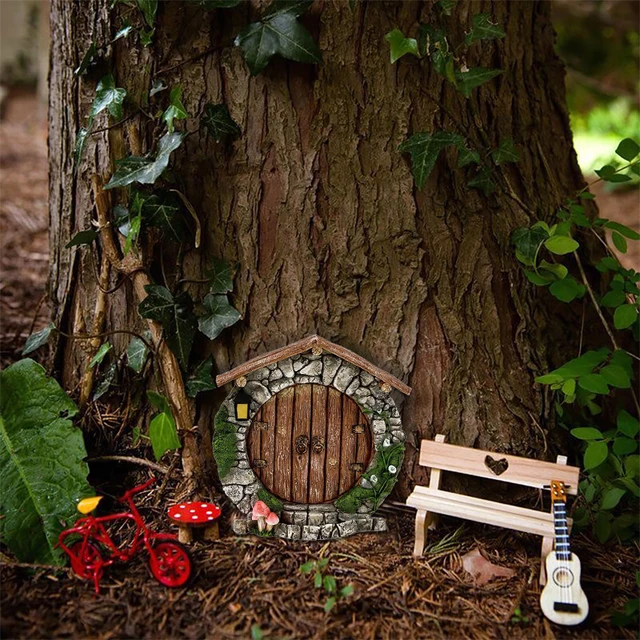 Miniatűr Mini Faajtó Tündér Gnome Ajtó Mikroszkópos Szobor Otthoni Udvar Művészeti Fa Szabadtéri Kert Dekoráció - Image 5