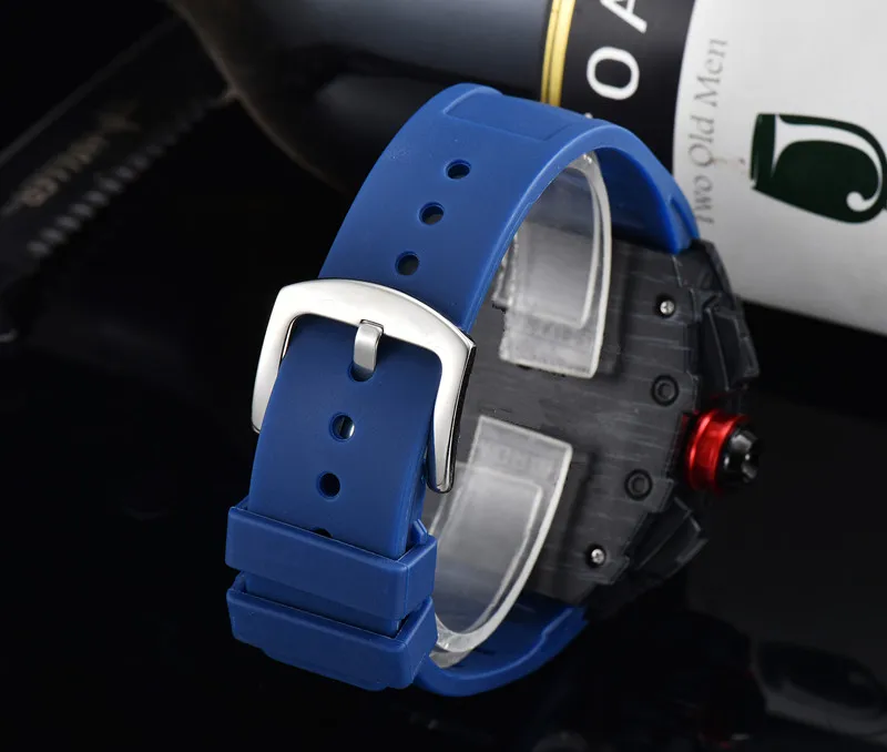 2022 Full-featured 6-pin Men's High Quality Quartz Watch Hollow Glass Back Stainless Steel Case Watch Black Rubber