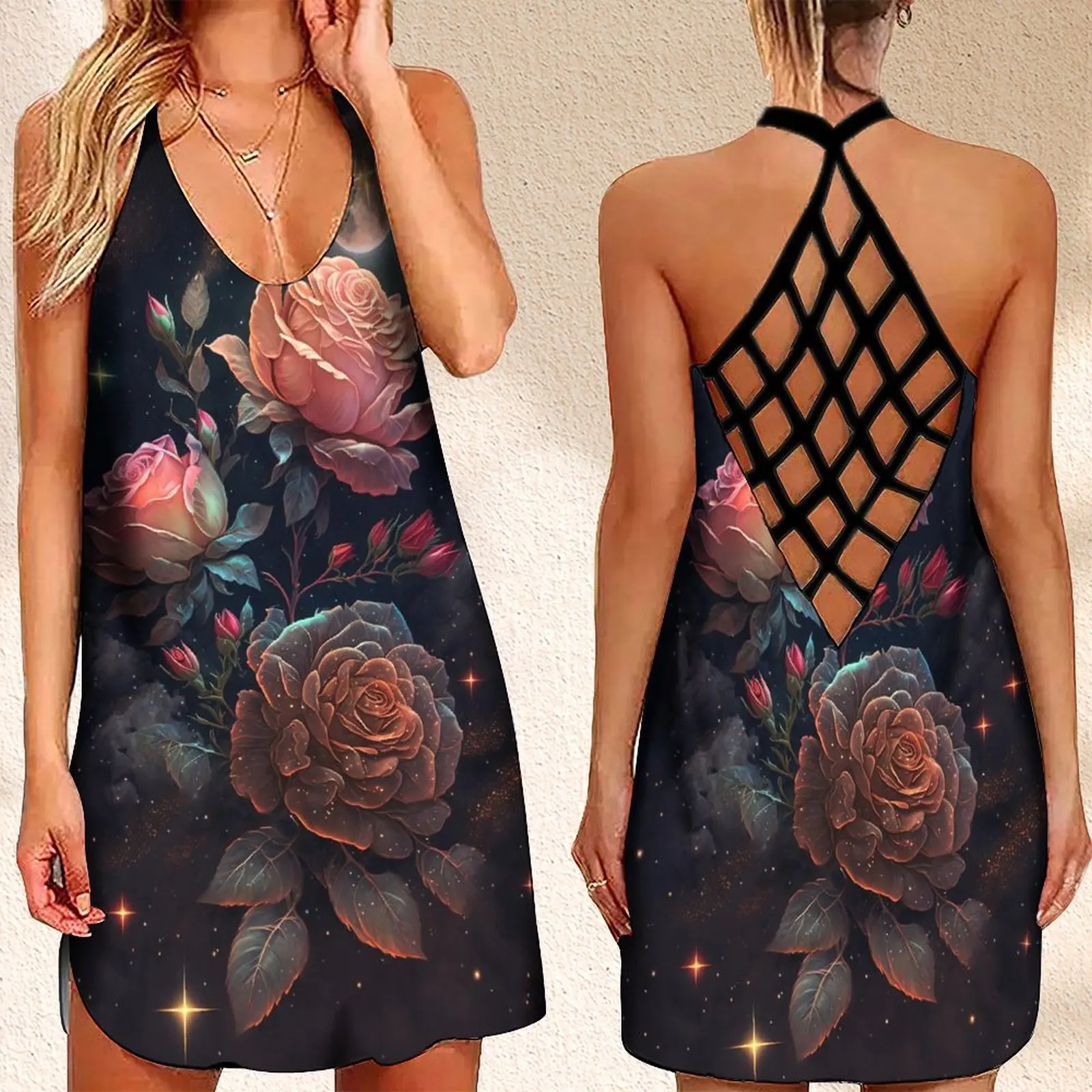 

Summer Women's Criss Cross Backless Sleeveless Dress Vintage Clothing Flower Rose Print Dress for Women