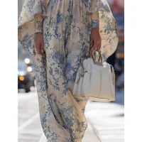 2026 Women's Sky Blue Flower Print Long Dresses Spring Autumn Loose Fit Batwing Sleeve High Waist O Neck Elegant Dress 196197 - Image 3
