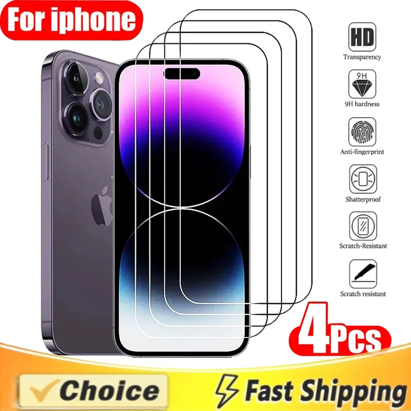 

4Pcs Protective Glass For iPhone 13 14 15 11 12 Pro Max 13 12 Mini 7 8 15 Plus X XR XS MAX Clear Tempered Glass Screen Protector