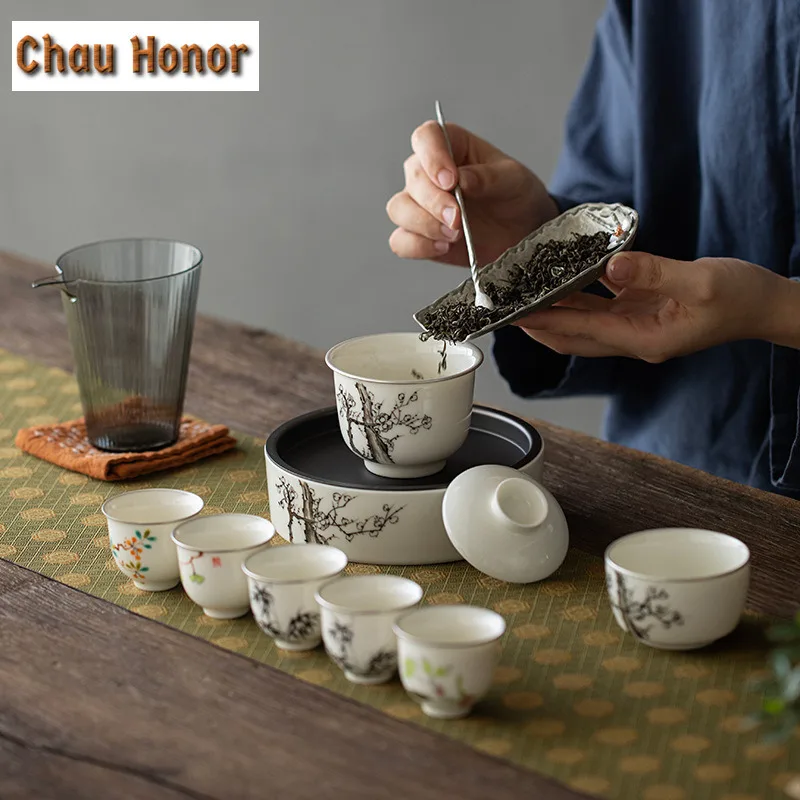 110ml Pure Hand-painted Ink Plum Blossom Art Ceramic Tea Tureen Silver-banded Covered Bowl Tea Maker Gaiwan Kung Fu Tea Ceremony