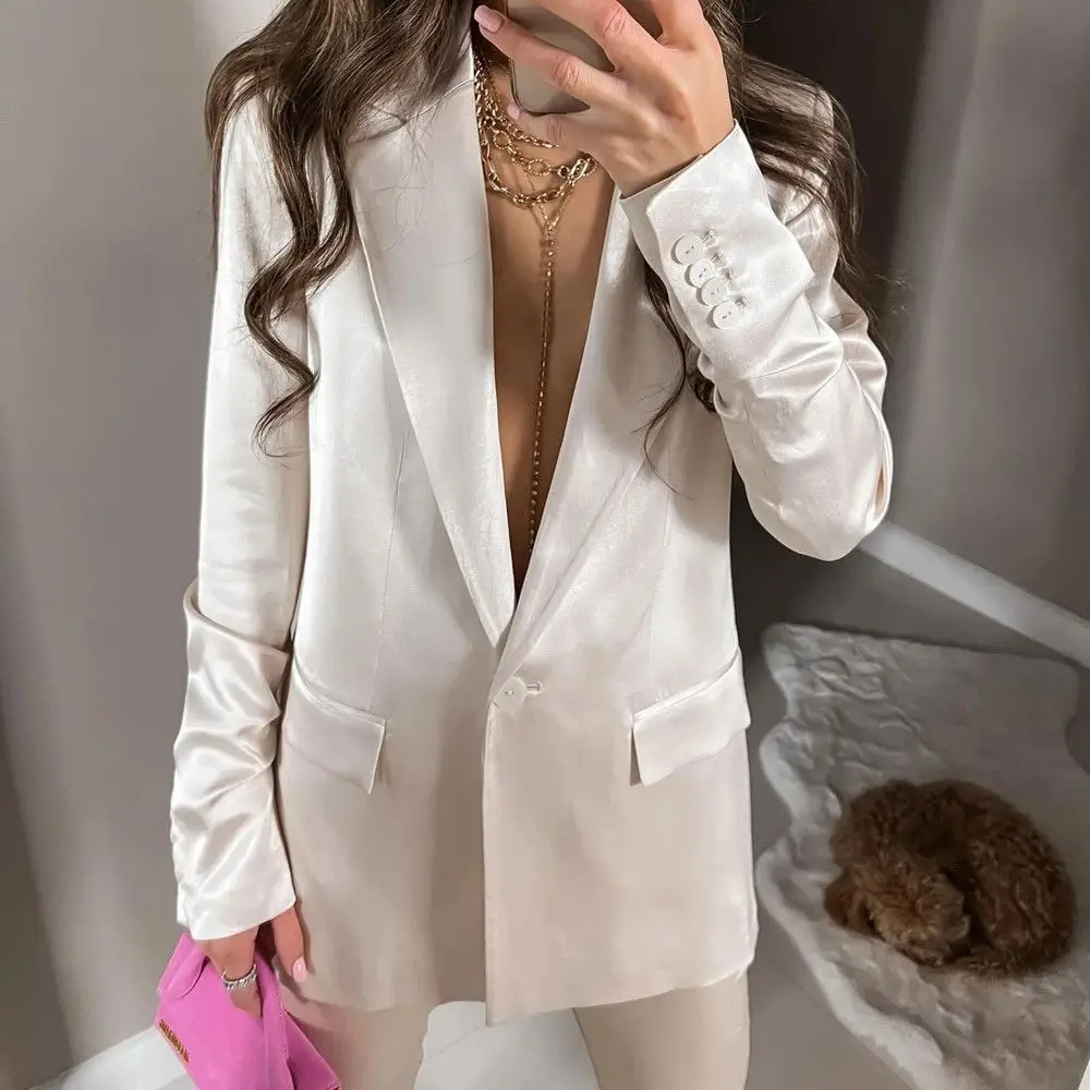 Ivory Women 2022 New Fashion Trousers Suits Pleated Design Satin Texture Single Button Blazer Coat Long Sleeve Female 2 Pieces
