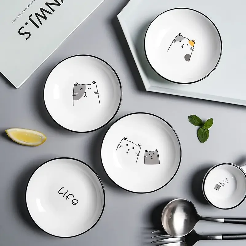 Ceramic Tableware Snack Dipping Saucer Household Seasoning Box Scandinavian Style Cat Pattern Round Shape