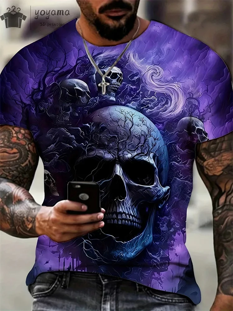 Mens Oversized 3D Skull Print T-Shirt - Summer Horror Fashion Tee