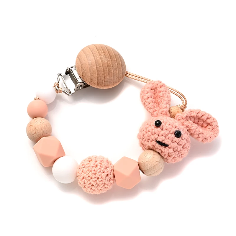 New Baby Wooden Pacifier Clip Wood Crochet Rabbit Teething Soother Chain For Nursing Chew Toy Baby Dummy Holder Chain BPA Free 5