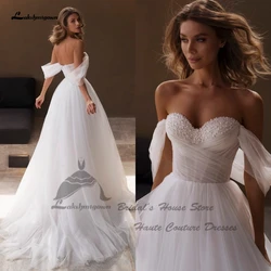Lakshmigown White Tulle Long Beach Wedding Dresses Sweetheart Bead A Line Bridal Gowns Off The Shoulder 2024 New In