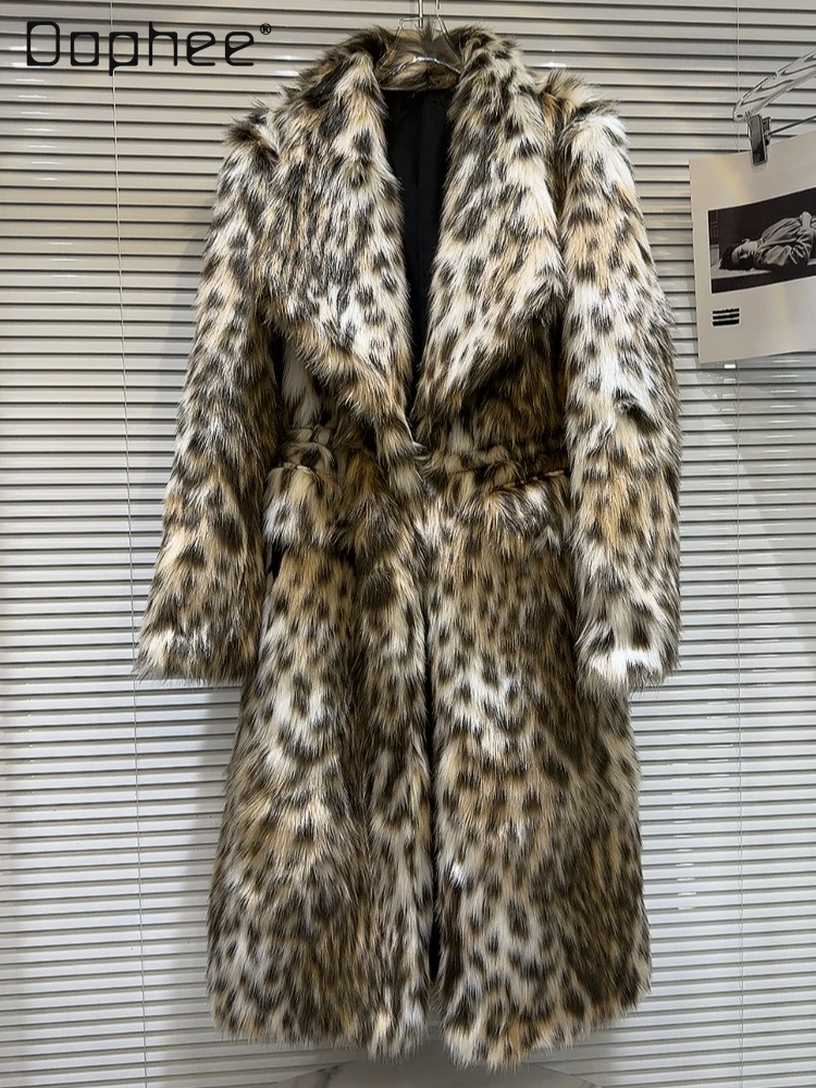 

Тренчкот женский зимний длинный с леопардовым принтом, утепленное пальто из искусственного меха с лацканами и длинными рукавами для девушек