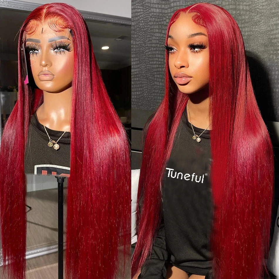Human Hair Wigs Lace Frontal Wig 13x4 HD Transparent Colored 99J Reddish Burgundy Color
