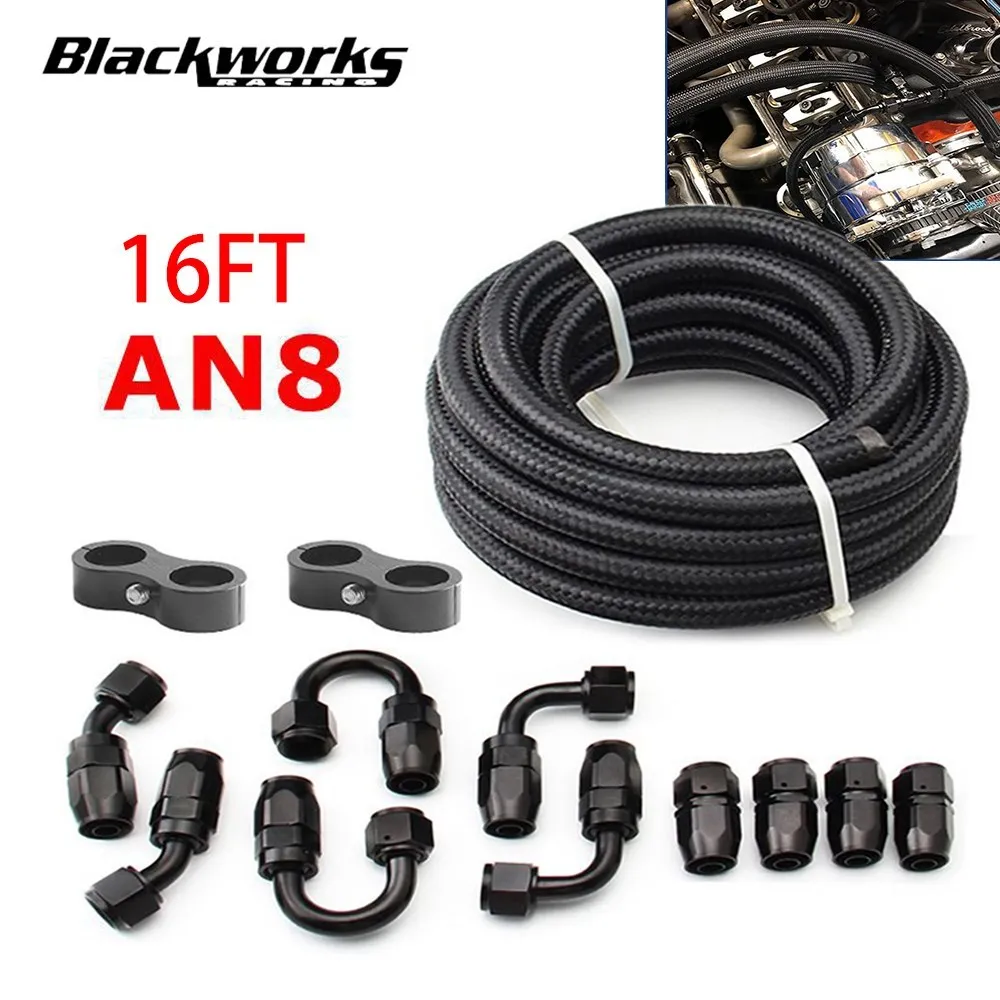 

5M 8AN AN8 16FT Black Braided Oil Fuel Fittings Hose End 0+45+90+180 Degree Oil Adaptor Kit Oil Fuel Hose Line With Clamps