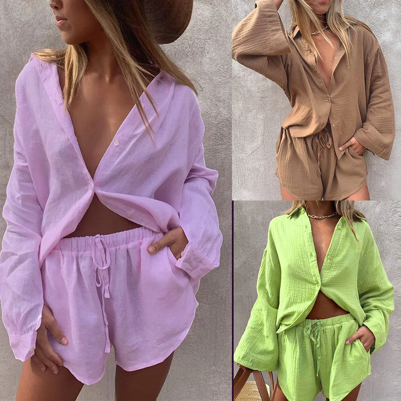 

Summer Fashion Women Loose Long-sleeved Shirt Casual Shorts Two-piece Suits Elegant Ladies Casual Simple Solid Color Outfits