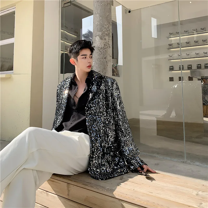 Sequined Suit Men's Loose Shiny Top Fashionable Fried Street Coat Personal Trendy Male Long Sleeve Night Club Stage Closing