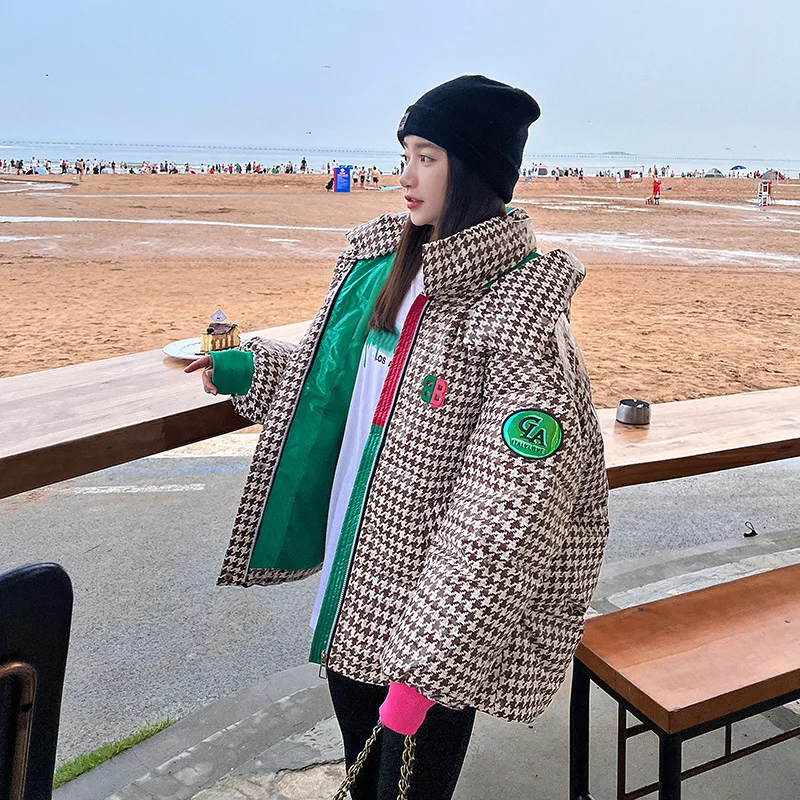 

Women's Thousand Bird Plaid Short Winter Parkas Coats Korean Loose Stand Collar Padded Jackets Female Loose Zip Bread Basic Coat
