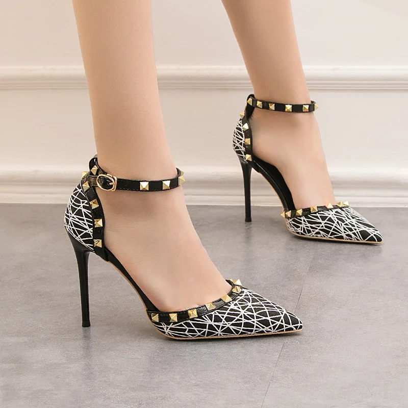Sexy High Heel Women's Shoes Rivets Fine Heel High Heel Sequins Hollow Shallow Mouth Sandals Women Plus Size Women Shoes 41