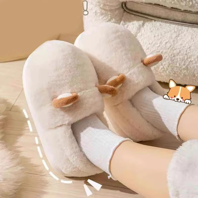 2024 new cotton slippers with wrapped heels female corgi dog home slippers domestic thick soled warm plush shoes male 4