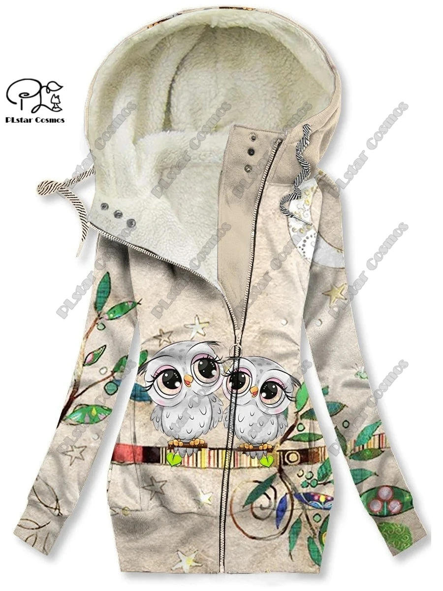 New 3D printed animal series cute owl pattern plus velvet warm women's long zipper hoodie coat commuting casual winter M-6