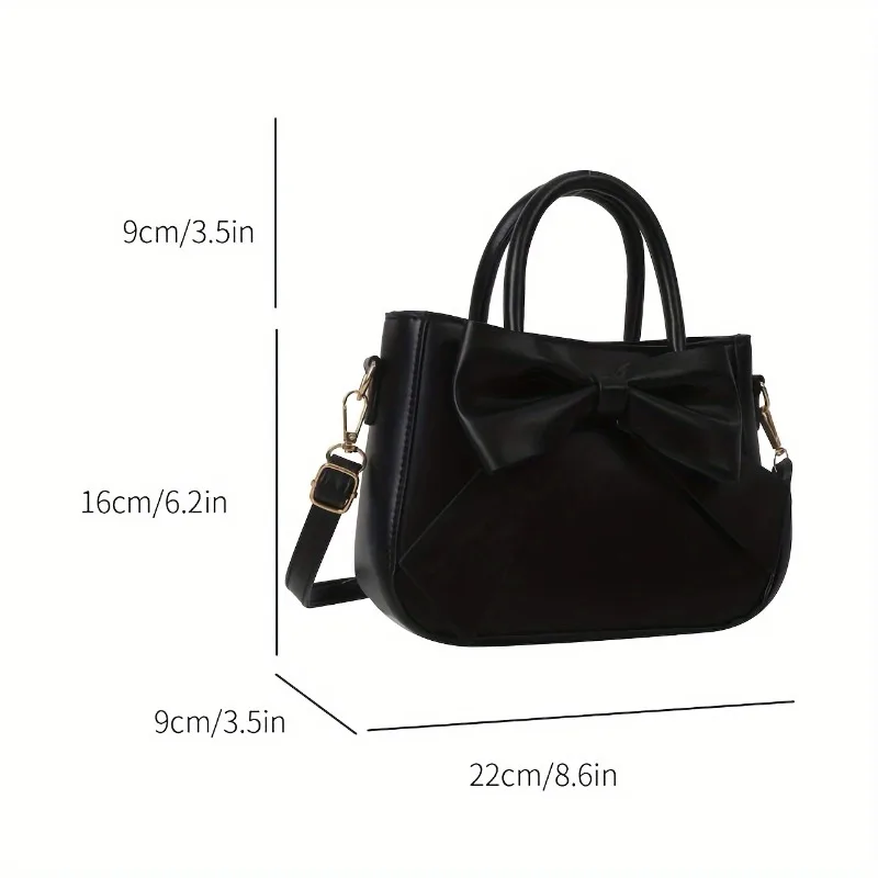 Elegant Black Bow Decorative Handbag Shoulder Crossbody Bag with Golden Hardware and Detachable Horizontal Strap, Stylish Daily