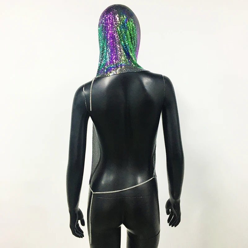 AKYZO Women's Metal Suspender Top Backless Halter Neck Sequins Tank Top Turban Nightclub Sexy Summer 2 Pcs Set 