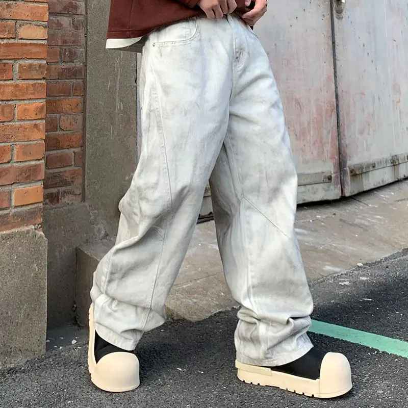 Loosen Wide Leg White Pants Men Hand-painted Spliced Denim Bottoms Man's Fall New Baggy Jeans 3