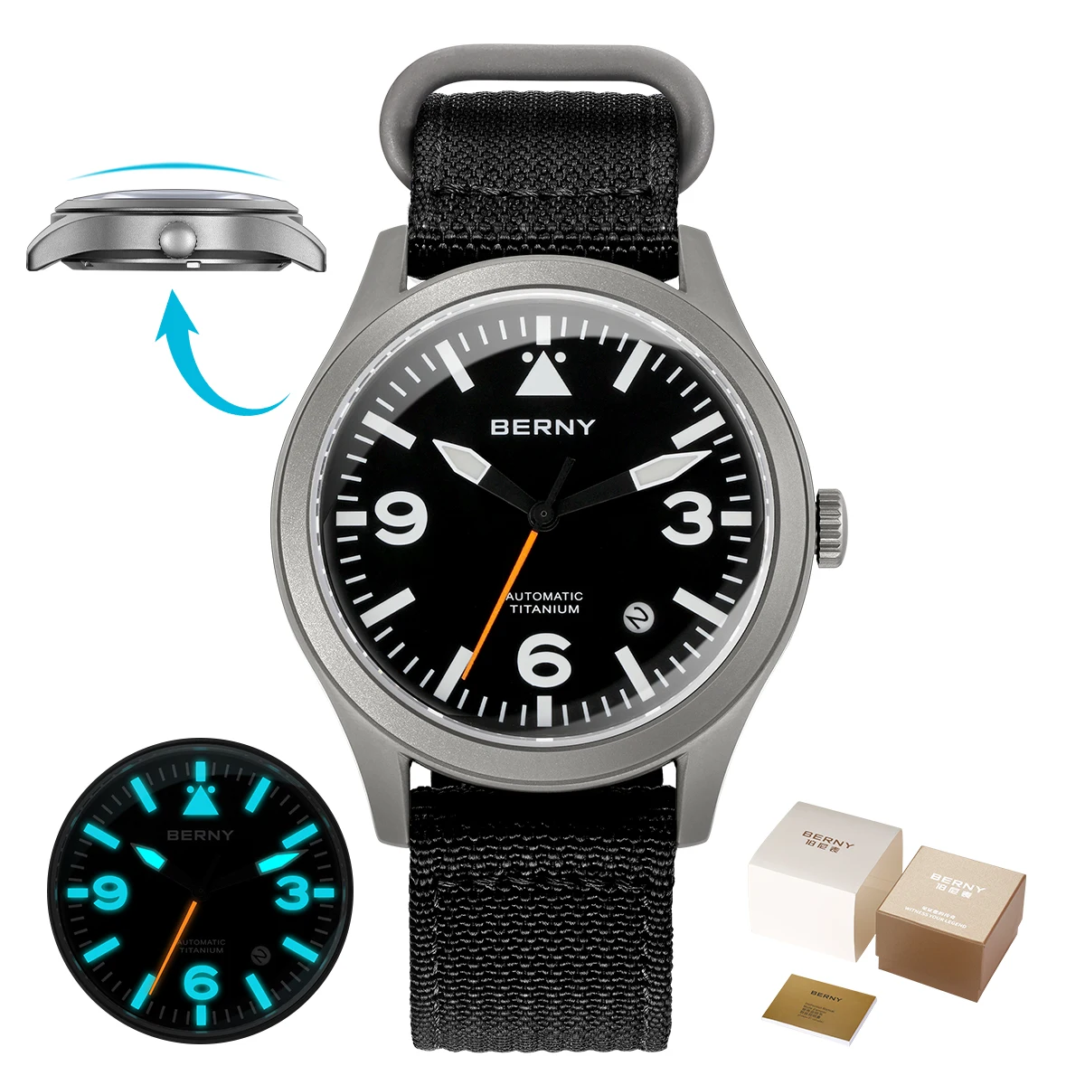 BERNY パイロットチタン自動腕時計男性用サファイア AR コーティング