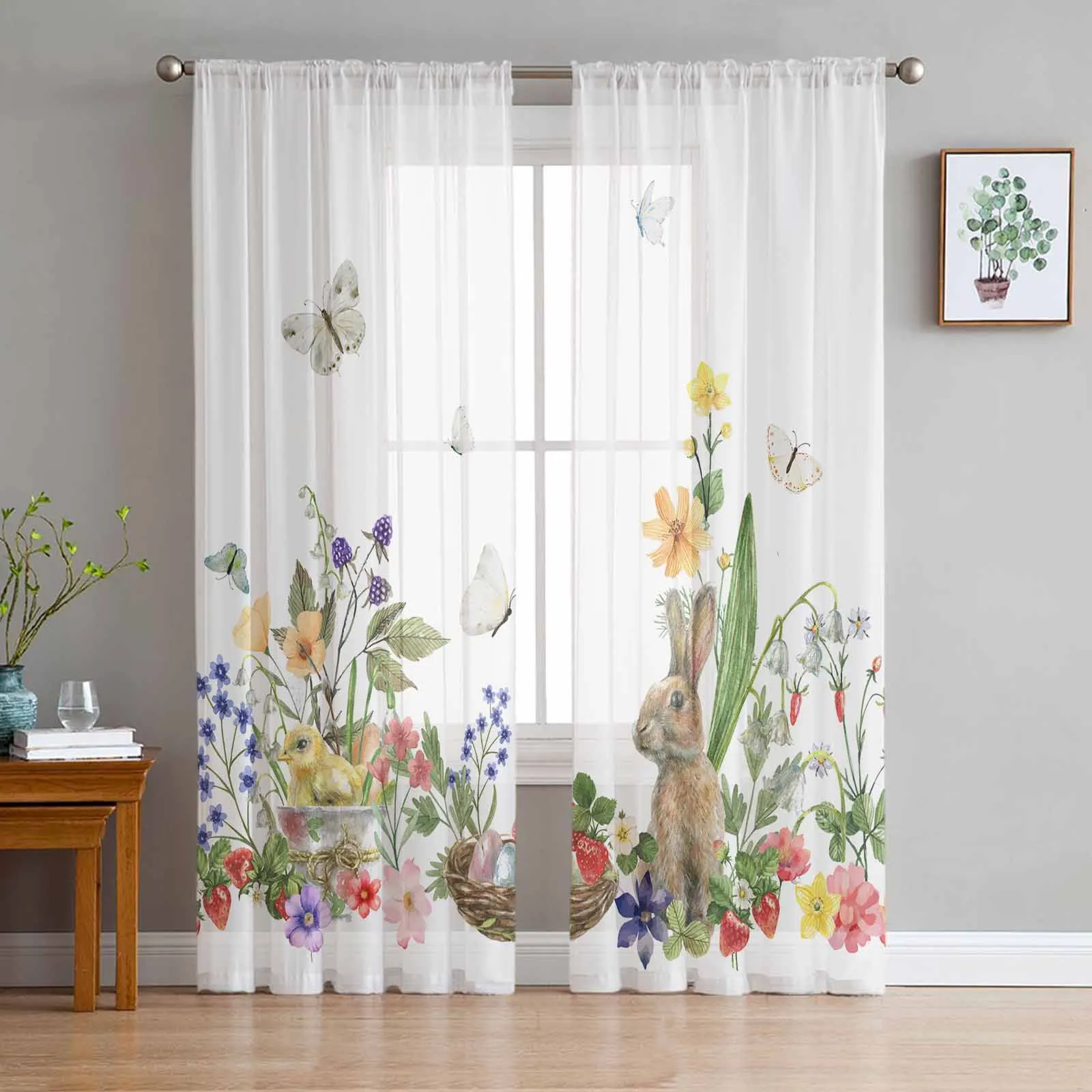 

Rabbit Flower Butterfly Strawberry Easter Sheer Curtain Living Room Drapes Home Bedroom Voile Curtain Tulle Window Curtain