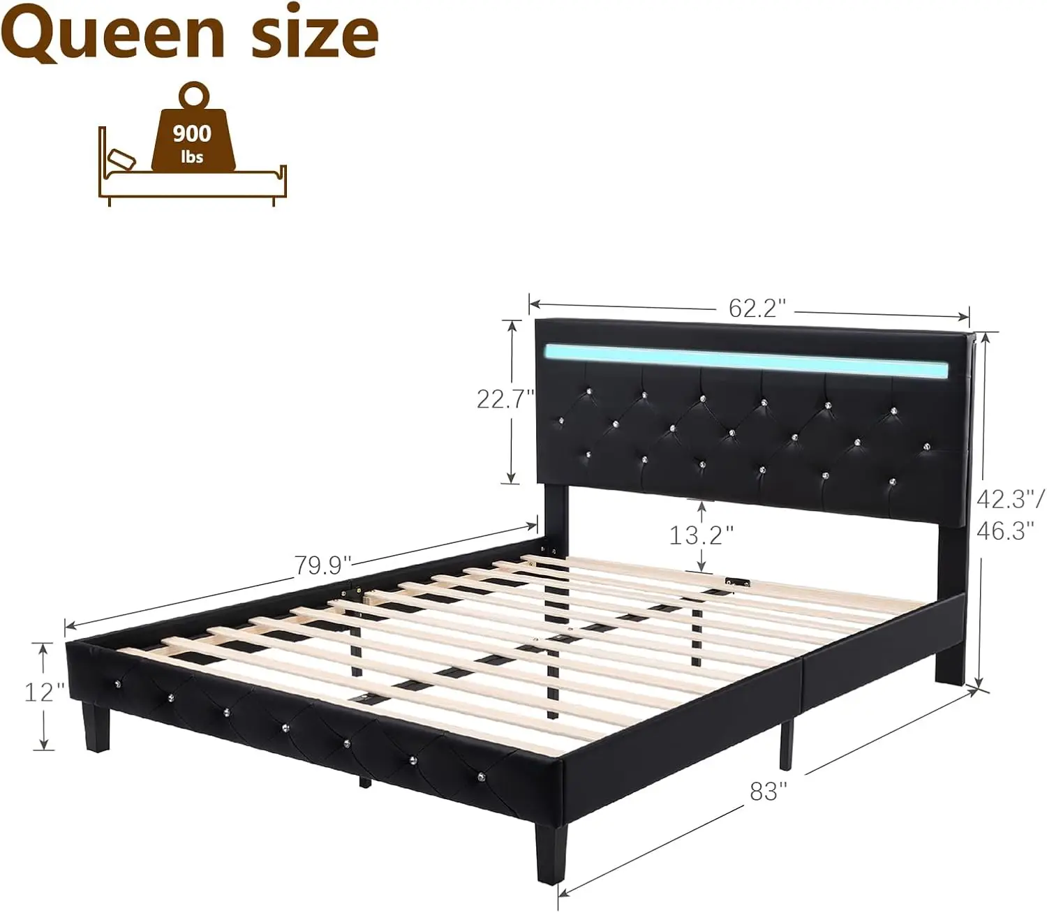 Queen Size Bed Frame with LED Lights, Upholstered Platform Bed Frame, Adjustable Headboard with Charging Station, Wooden Slats