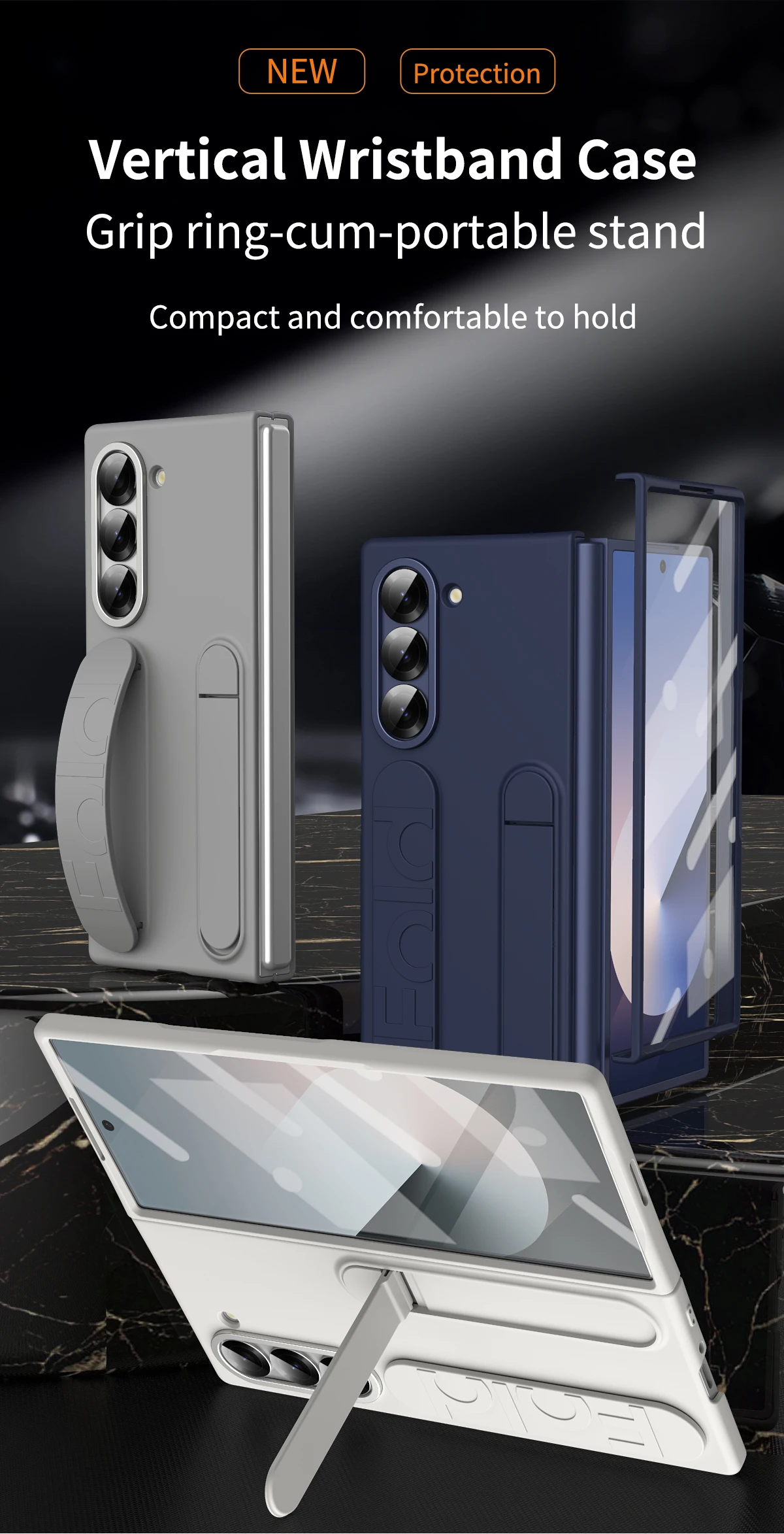 Custodia rigida in PC con retro in vetro satinato per Samsung Galaxy Z Fold 6 con pellicola in vetro per schermo, cinturino da polso, anello e supporto per telefono_voghion.com