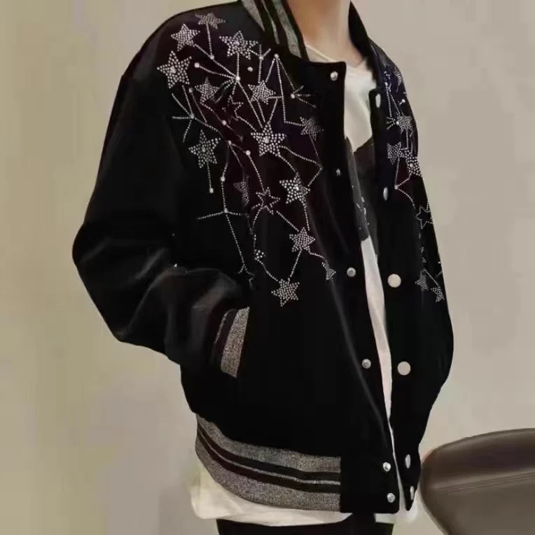 Full Sky Star Hot Diamond Embroidery Design Sense High Street Style Velvet Bomber Fashion Jacket Jacket Men and Women