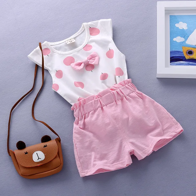 Summer Cute Cartoon 2PCS Kids Baby Girls Floral T-shirt Top Shorts Pants Set Clothes Girls Clothing Sets PingGuo-pink