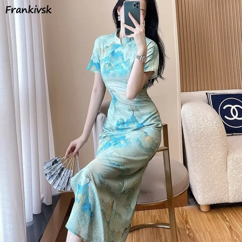 

Платье женское с принтом, элегантное нежное элегантное нестандартное в китайском стиле, с Боковым Разрезом, в винтажном стиле, лето
